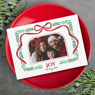 Modern Red Bow Joy Christmas Ribbon Photo Frame Invitation