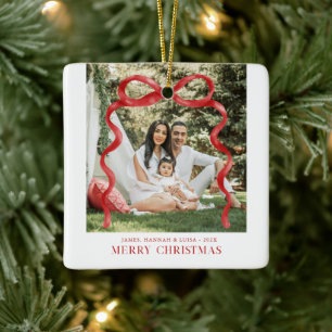 Modern Red Bow Merry Christmas Photo Ceramic Ornament