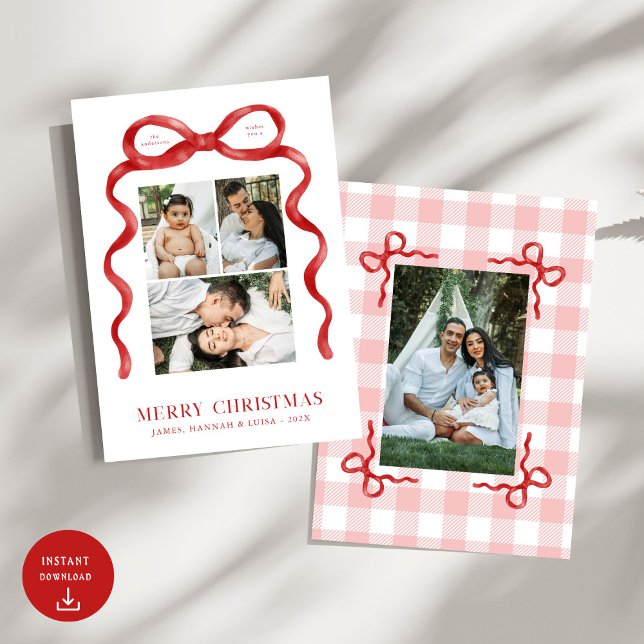 Modern Red Bow Merry Christmas Photo Holiday Card (Creator Uploaded)