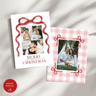 Modern Red Bow Merry Christmas Photo Holiday Card