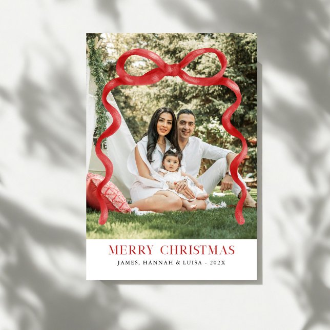 Modern Red Bow Merry Christmas Photo Invitation (Creator Uploaded)