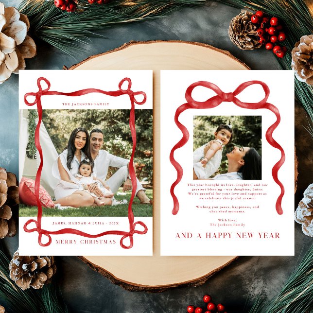 Modern Red Bow Merry Christmas Photo Invitation (Creator Uploaded)