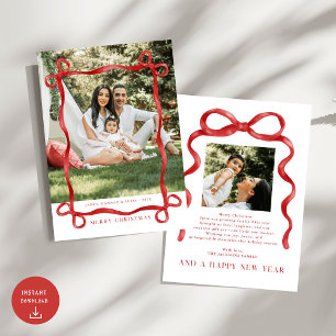 Modern Red Bow Merry Christmas Photo Invitation