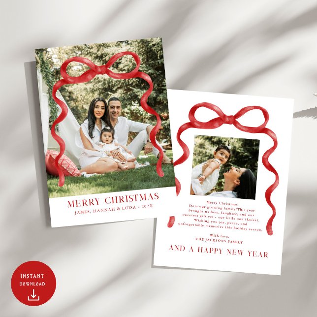Modern Red Bow Merry Christmas Photo Invitation (Creator Uploaded)