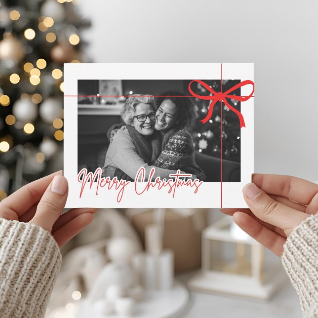 Modern Red Bow Merry Christmas Photo Postcard (Creator Uploaded)
