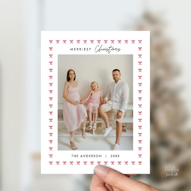 Modern Red Bow Pattern Family Photo Christmas Postcard (Modern Red Bow Pattern Family Photo Classy Elegant Christmas Postcard )