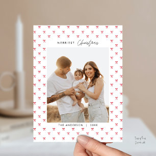Modern Red Bow Pattern Family Photo Christmas Postcard
