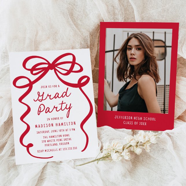 Modern Red Bow Photo Graduation Party Invitation (Creator Uploaded)