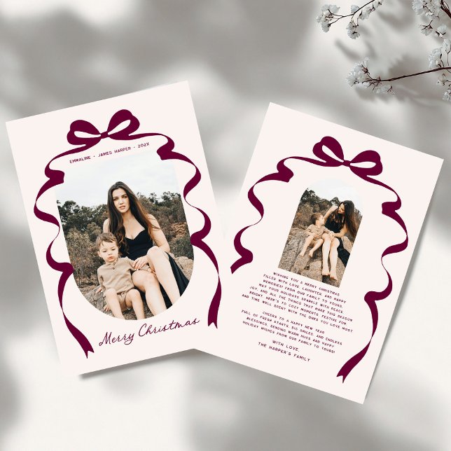 Modern Red Bow Photo Merry Christmas Arch Holiday Card (Creator Uploaded)