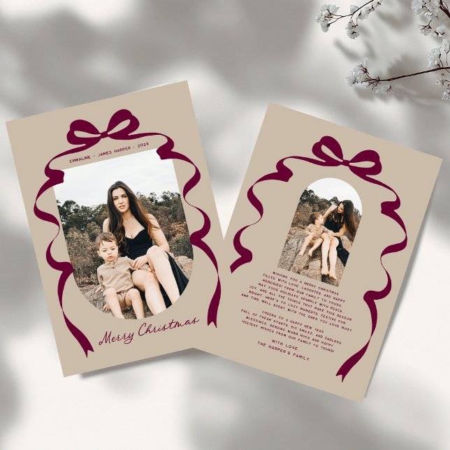 Modern Red Bow Photo Merry Christmas Arch Holiday Card (Creator Uploaded)