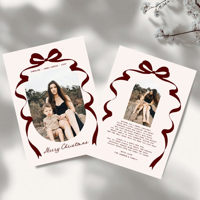 Modern Red Bow Photo Merry Christmas Arch Holiday Card (Creator Uploaded)