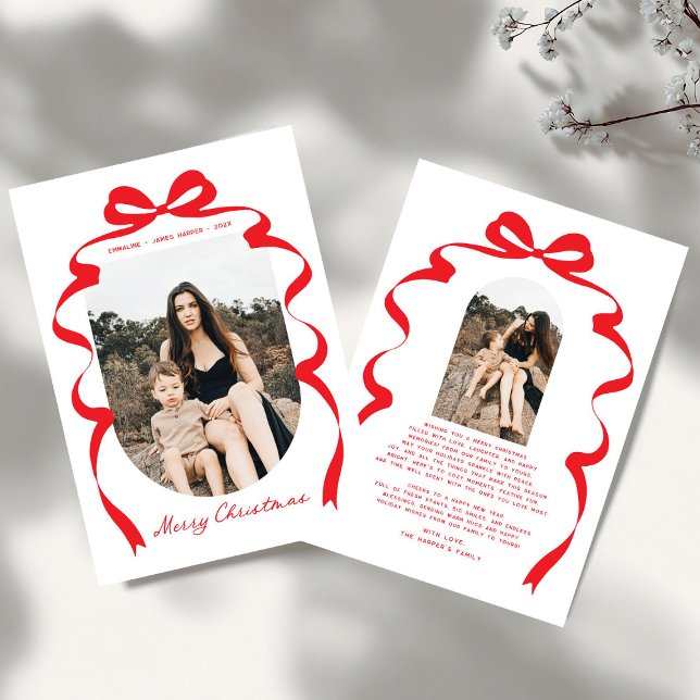 Modern Red Bow Photo Merry Christmas Arch Holiday Card (Creator Uploaded)