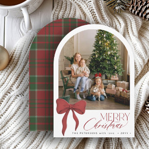 Modern red bow photo Merry Christmas holiday card