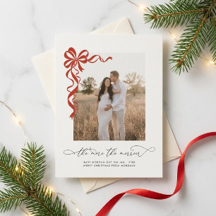 Modern Red Bow Pregnancy Announcement Christmas Postcard