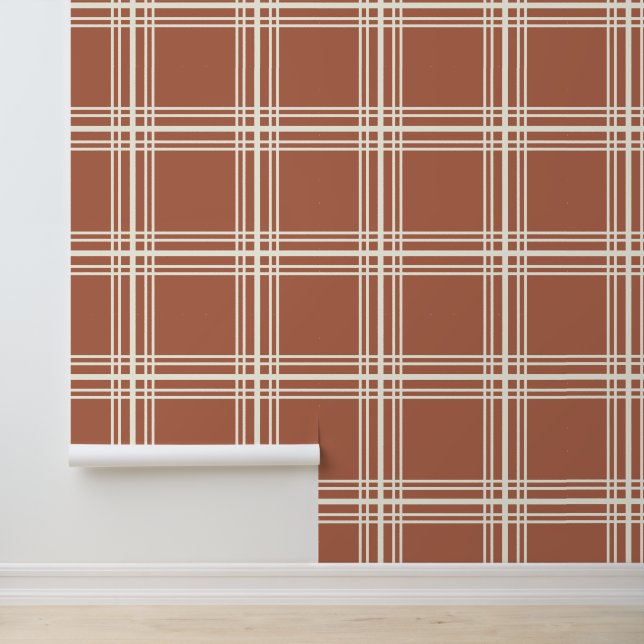 Modern Red-Brown Clay with Ivory White Grid Lines Wallpaper (Application)
