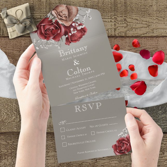 Modern Red & Brown Roses Floral Grey Dinner All In One Invitation (Creator Uploaded)
