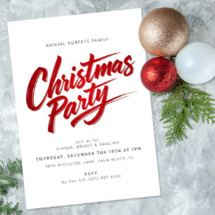 Modern Red Brush Script Christmas Party Invitation