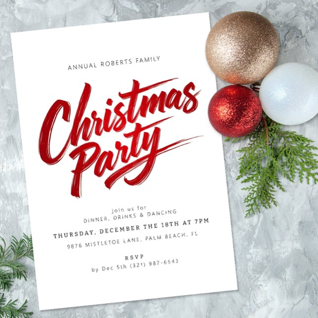 Modern Red Brush Script Christmas Party Invitation (Christmas Party Invite)