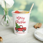 Modern Red Brush Script Christmas Vintage Truck Paper Cups<br><div class="desc">Modern Red Brush Script Merry Christmas Watercolor Vintage Red Truck with Christmas Tree Paper Cups</div>