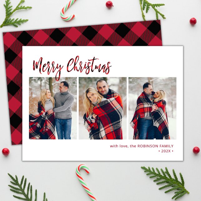 Modern Red Buffalo Plaid 3 Multi Photo Christmas Holiday Card (Creator Uploaded)