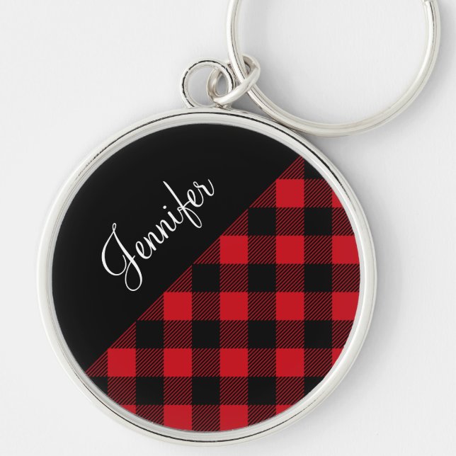 Modern Red Buffalo Plaid Check Pattern Name Key Ring (Front)