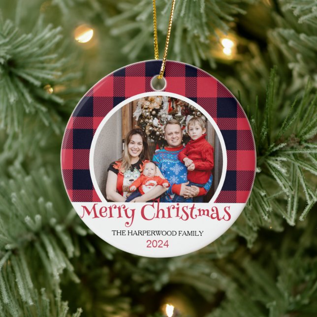 Modern Red Buffalo Plaid Christmas Family 2 Photo Ceramic Tree Decoration (Tree)