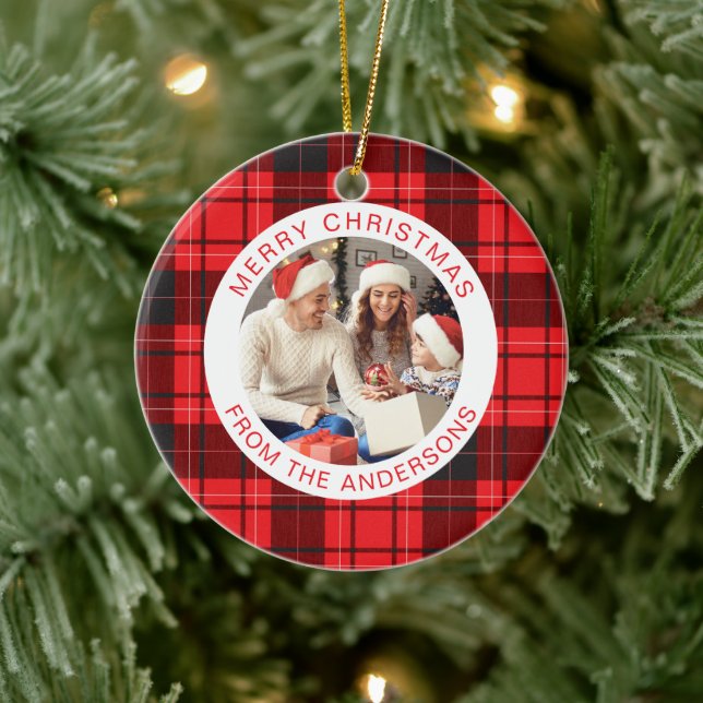Modern Red Buffalo Plaid Christmas Family 2 Photo Ceramic Tree Decoration (Tree)
