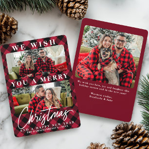 Modern Red Buffalo Plaid Christmas Photo Holiday Card