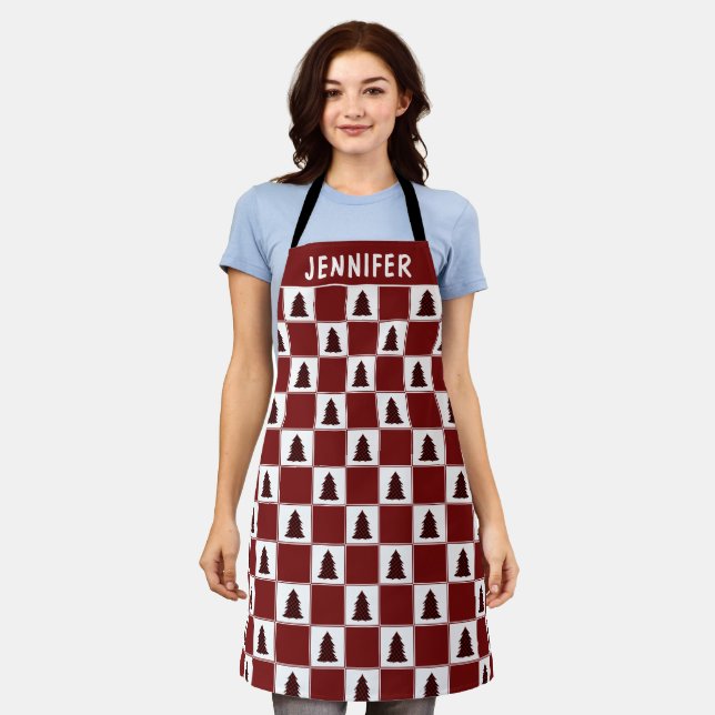 Modern Red Buffalo Plaid Christmas Tree Pattern Apron (Worn)