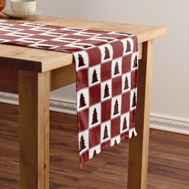 Modern Red Buffalo Plaid Christmas Tree Pattern Short Table Runner (In Situ)