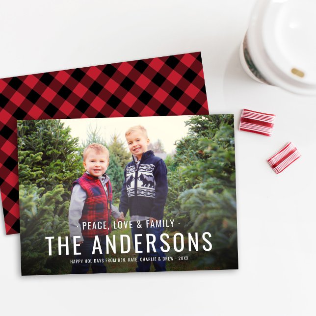 Modern Red Buffalo Plaid Family Photo Holiday Card (Creator Uploaded)