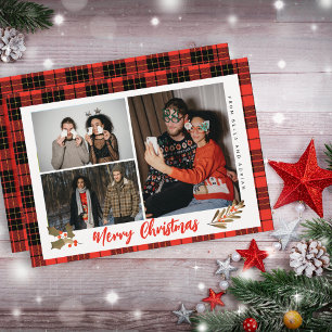 Modern Red Buffalo Plaid Merry Christmas Photo Holiday Card