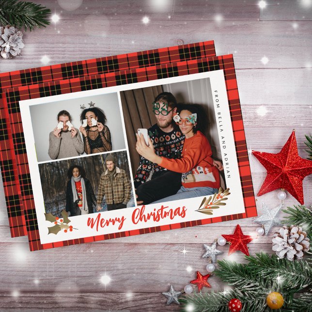 Modern Red Buffalo Plaid Merry Christmas Photo Holiday Card (Creator Uploaded)
