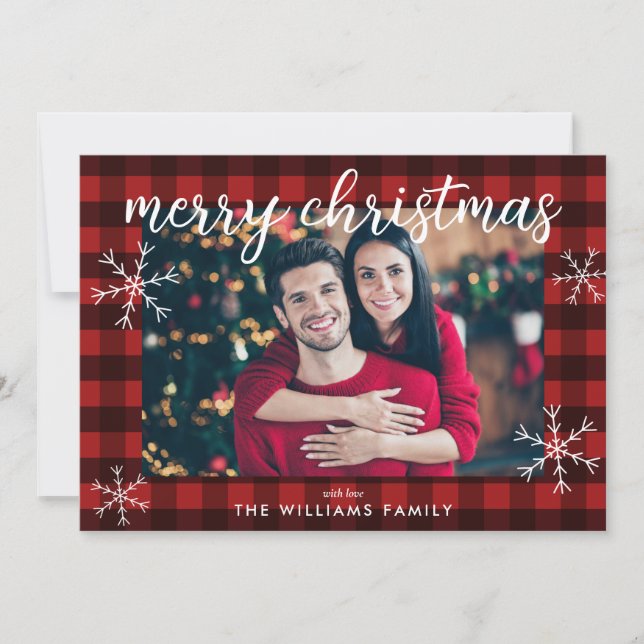 Modern Red Buffalo Plaid Merry Christmas Photo  Holiday Card (Front)