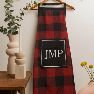 Modern Red Buffalo Plaid   Personal Initial  Apron