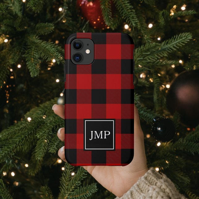 Modern Red Buffalo Plaid | Personal Initial  Case-Mate iPhone Case (Creator Uploaded)