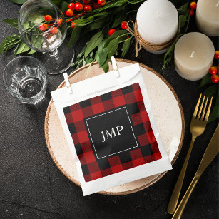 Modern Red Buffalo Plaid   Personal Initial  Favour Bags
