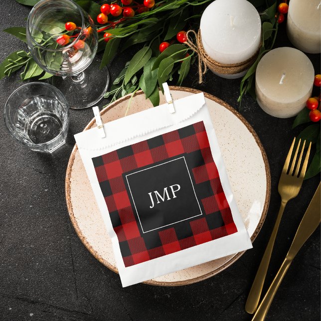 Modern Red Buffalo Plaid | Personal Initial  Favour Bags (Creator Uploaded)