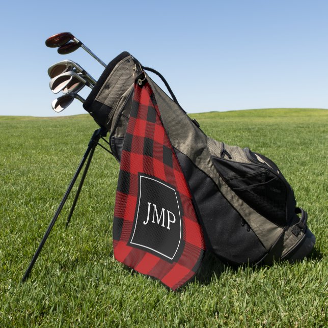 Modern Red Buffalo Plaid | Personal Initial  Golf Towel (Green)