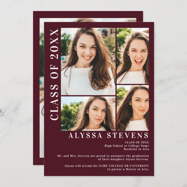 Modern red burgundy 5 photo grid graduation invitation (Front/Back)
