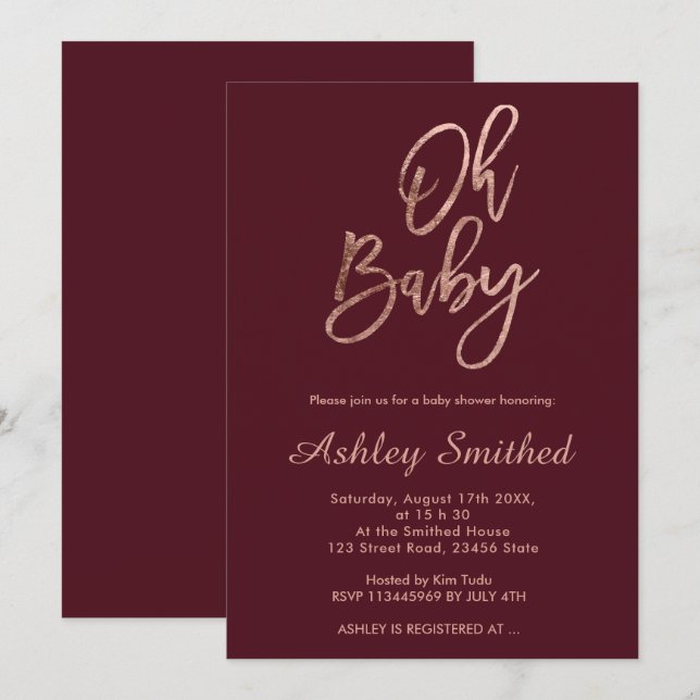 Modern red burgundy fall chic Oh baby shower Invitation (Front/Back)