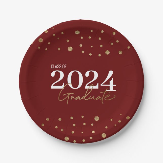 Modern Red Burgundy Gold Class of 2024 Graduate Paper Plate (Front)