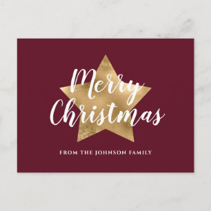 Modern Red Burgundy Gold Star Merry Christmas Postcard