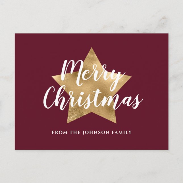 Modern Red Burgundy Gold Star Merry Christmas Postcard (Front)