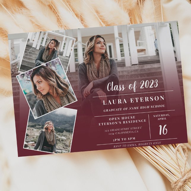 Modern red burgundy minimalist photo graduation invitation (Creator Uploaded)