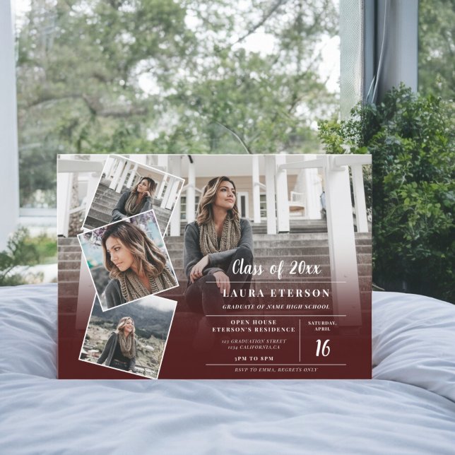 Modern red burgundy minimalist photo graduation invitation (Modern red burgundy minimalist photo graduation invitation)