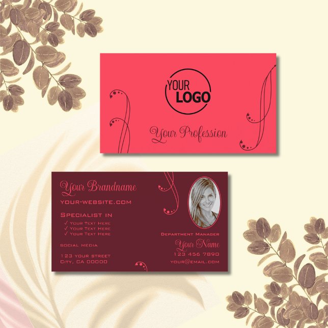 Modern Red Burgundy Ornate with Logo and Photo Business Card (Creator Uploaded)