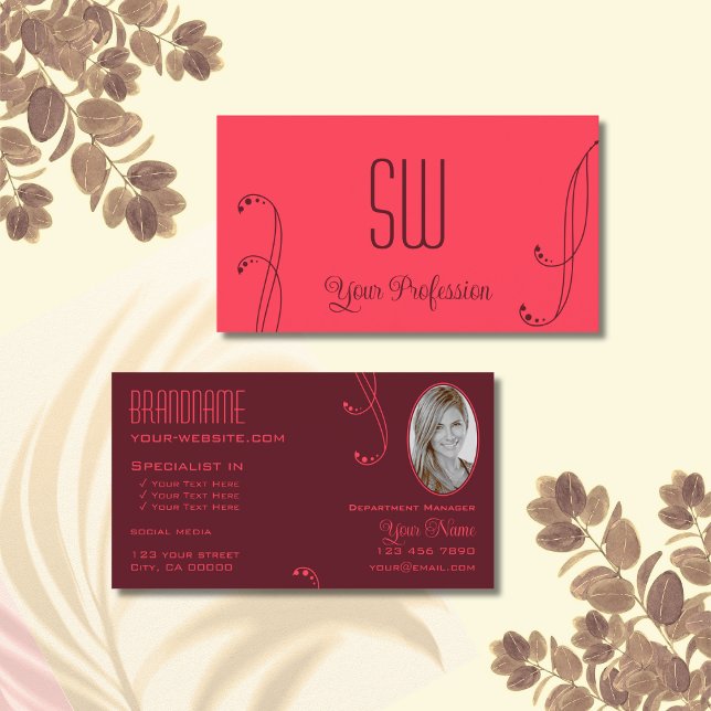 Modern Red Burgundy Ornate with Monogram and Photo Business Card (Creator Uploaded)