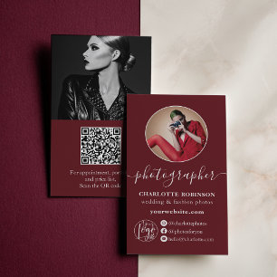 Modern red burgundy photo qr logo photographer business card
