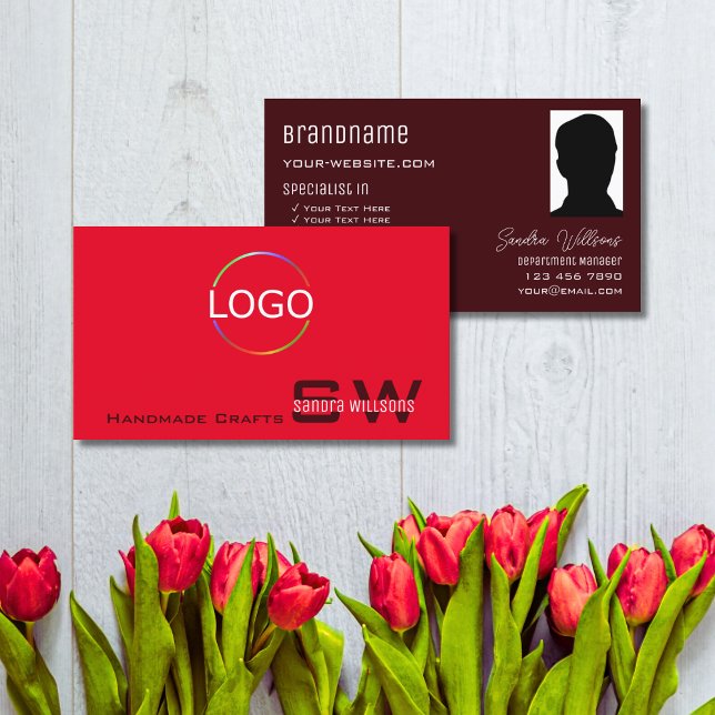 Modern Red Burgundy with Monogram Logo and Photo Business Card (Creator Uploaded)